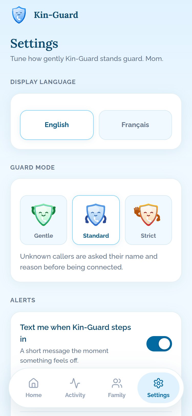 Application Kin-Guard : réglages du mode de filtrage (doux, standard, strict), choix de la langue et alertes par SMS.